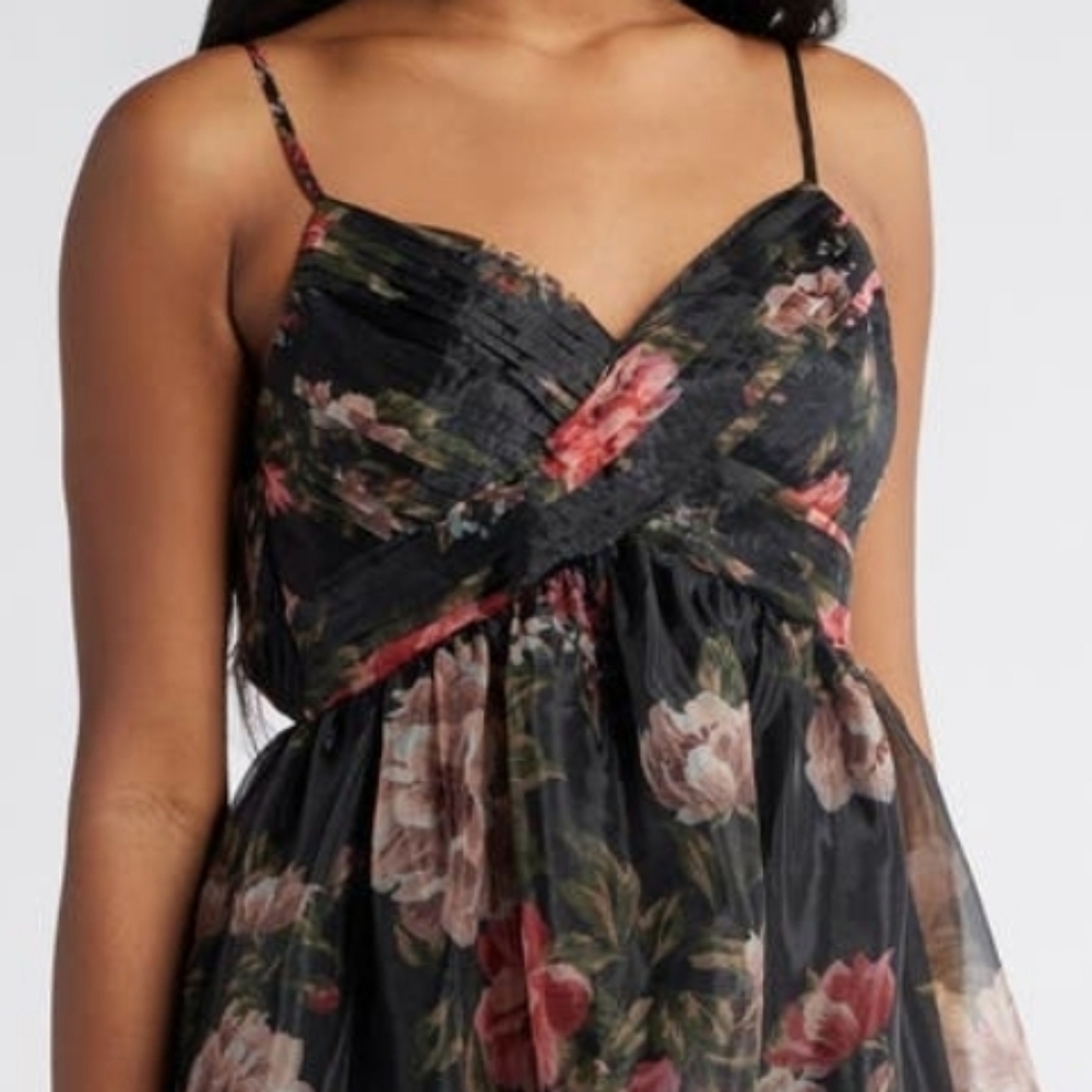 LULUS ORGANZA COCKTAIL DRESS BLACK FLORAL SIZE SMALL - Picture 7 of 15